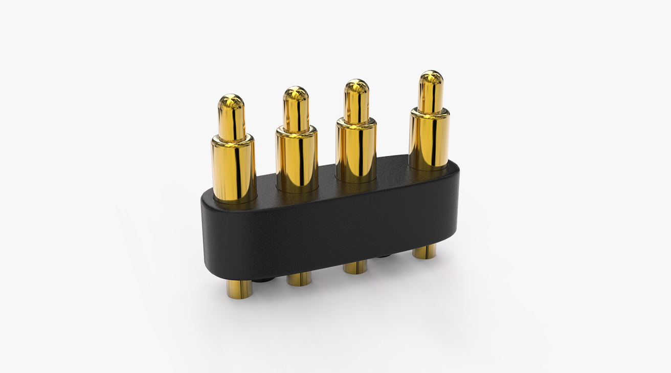 POGO PIN連接器 DIP式：4PIN，電鍍黃銅Au10u，電壓12V，電流1.5A，工作行程0.95mm:120gfMax，彈力30000次+，工作溫度-30°~85°