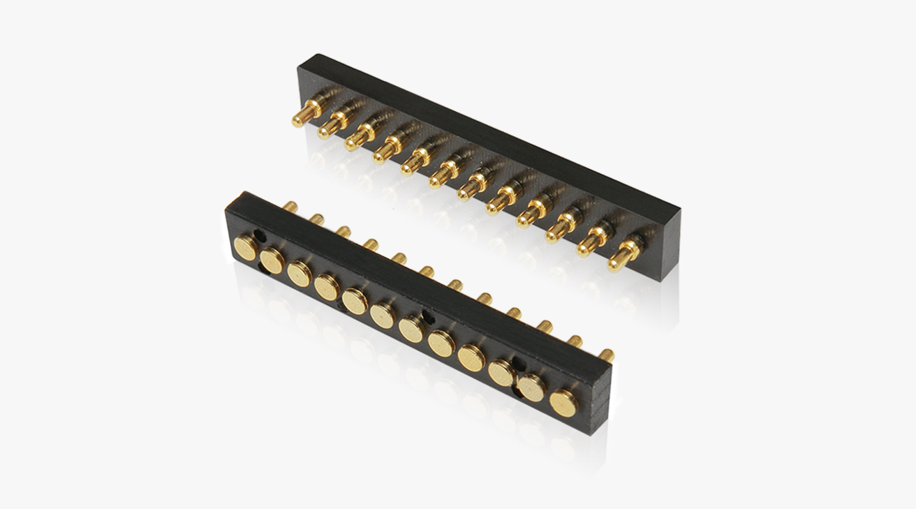 POGO PIN連接器 SMT式：12PIN，電鍍黃銅Au1u，電壓12V，電流1.2A，工作行程1.0mm:150gfMax，彈力30000次+，工作溫度-30°~85°