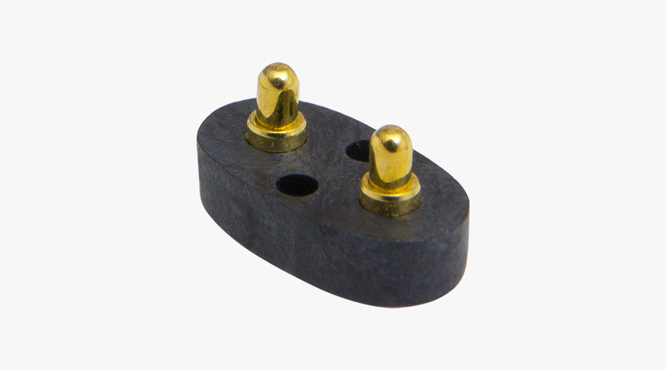 POGO PIN連接器 SMT式：2PIN，電鍍黃銅Au1u，電壓12V，電流1.2A，工作行程0.95mm:150gfMax，彈力30000次+，工作溫度-30°~85°