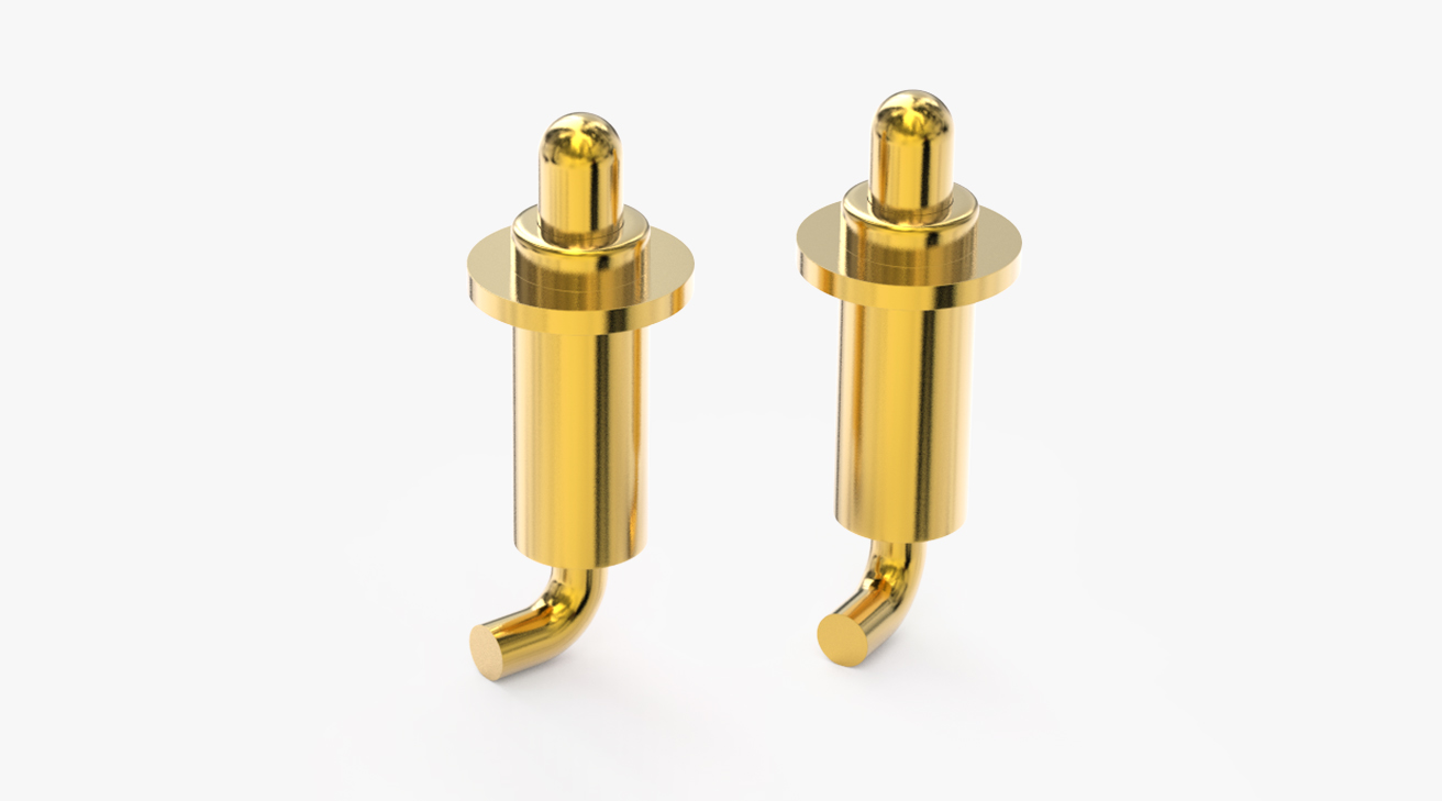 POGO PIN 折彎式：電鍍黃銅Au5u，電壓5V，電流3A，工作行程1.0mm:60±15gf，彈力10000次+，工作溫度-30°~85°